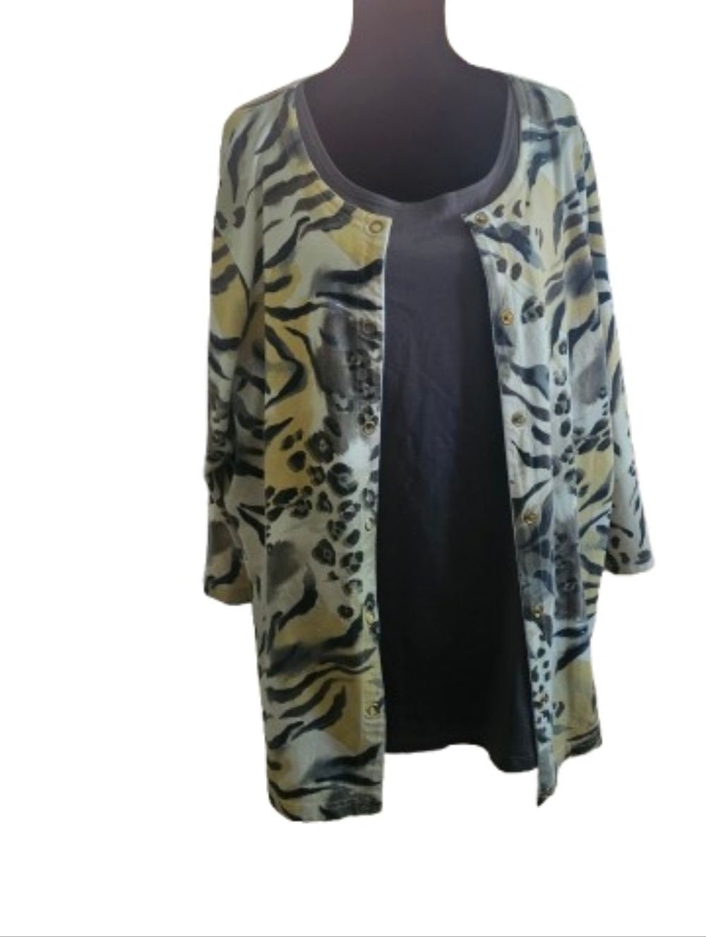 Onque Woman Animal Print Cardigan in Yellow, Black, Cream With Free Tank Top